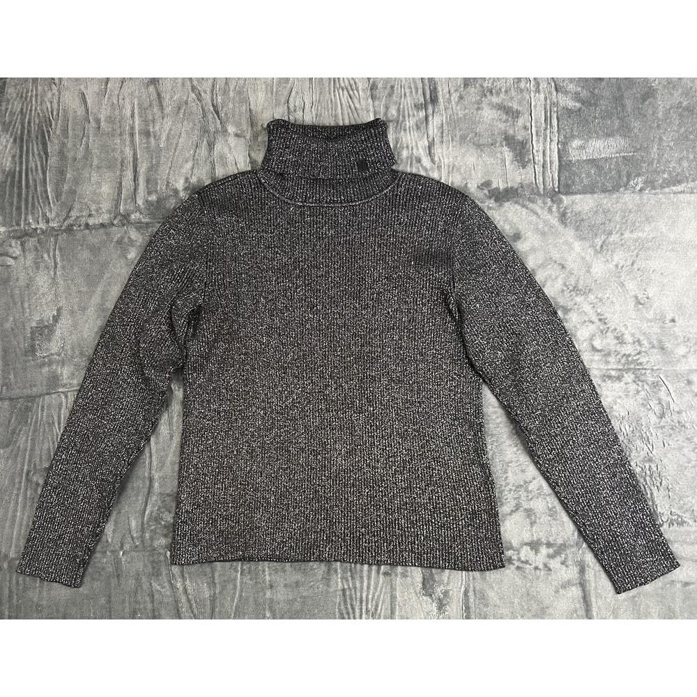 Lauren Ralph Lauren Women's L Black/Silver Metallic Ribbed Turtleneck Sweater
